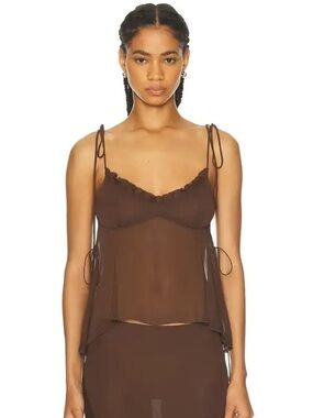 New Priscavera Chiffon Cami Sheer Babydoll Chocolate Brown Dainty Ruffle Fairy M